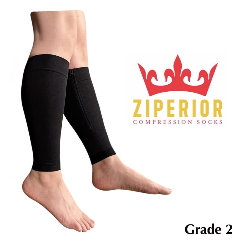 Ziperior Inside Leg 20-30 mmHg Compression Shin Calf No Foot Zipper Sleeves (Black, 2X-Large) - Image 2